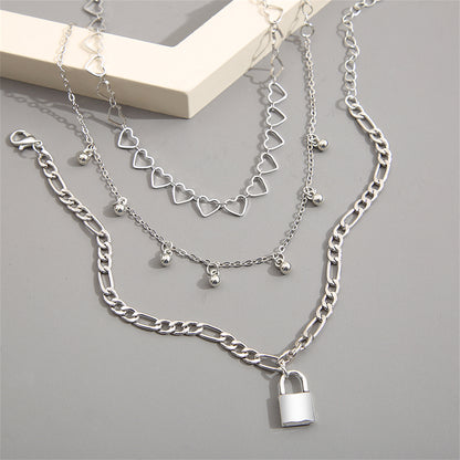 Silver-Plated Heart Chain Lock Charm Anklet Set, jewelry gift sets for women, dainty minimalist design, side view