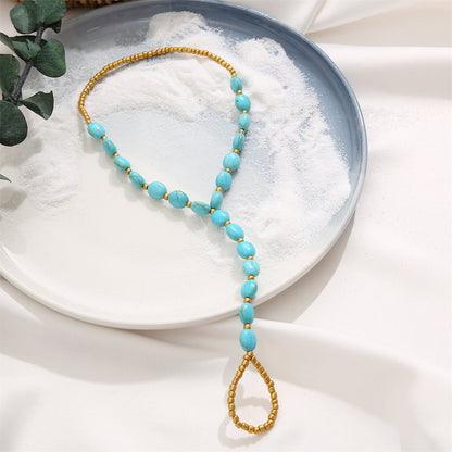Turquoise and 18K Gold-Plated Toe-Ring Anklet, gold statement rings for women, elegant gift for her, detail close-up
