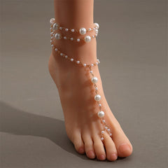 White Pearl & 18K Gold-Plated Layered Toe Ring Anklet