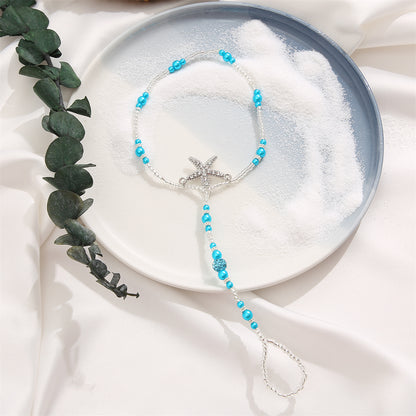 Blue Pearl and Acrylic Silver-Plated Starfish Toe-Ring Anklet, silver statement rings for women, side view