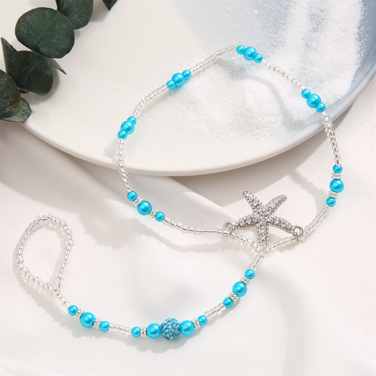 Blue Pearl and Acrylic Silver-Plated Starfish Toe-Ring Anklet, silver statement rings for women, detail close-up