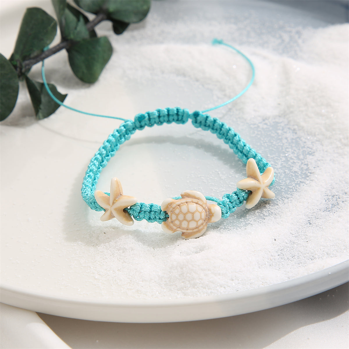 Blue and Beige Turtle Starfish Adjustable Anklet, anklet bracelet, everyday style, side view