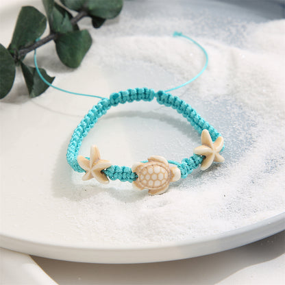 Blue and Beige Turtle Starfish Adjustable Anklet, anklet bracelet, everyday style, side view