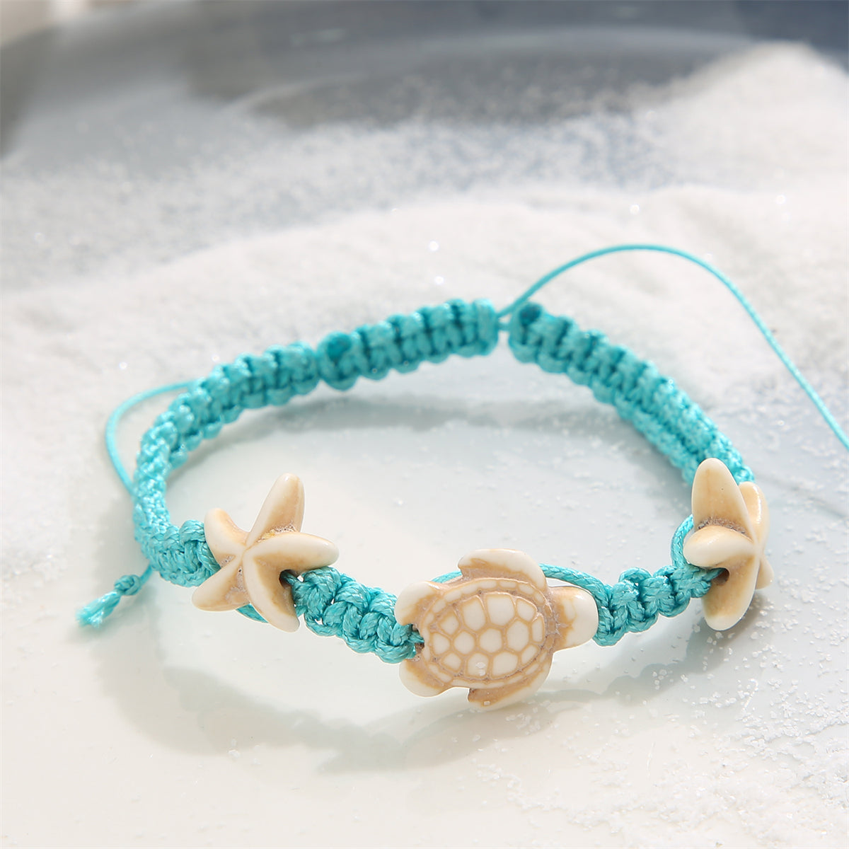 Blue and Beige Turtle Starfish Adjustable Anklet, anklet bracelet, everyday style, detail close-up