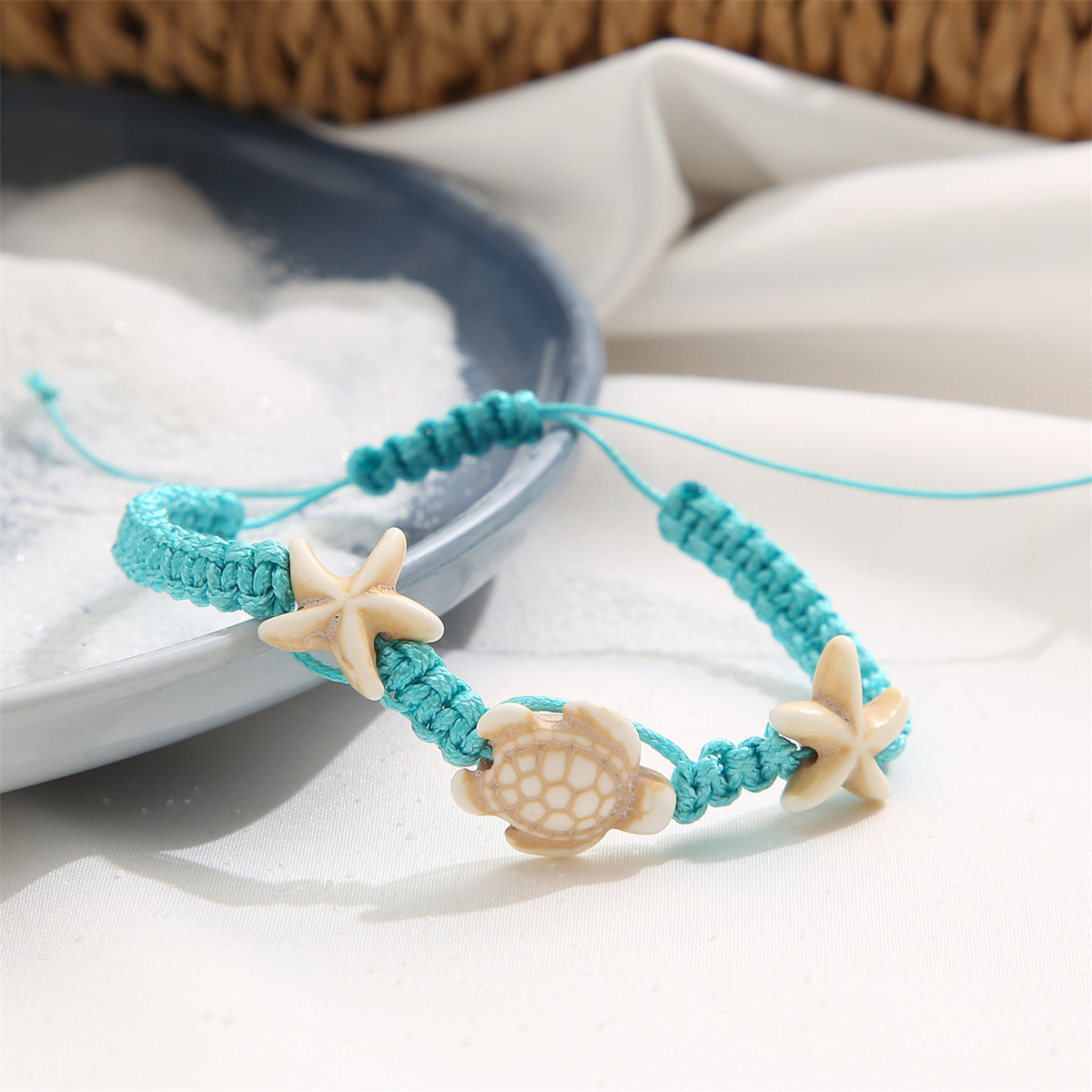 Blue and Beige Turtle Starfish Adjustable Anklet, anklet bracelet, everyday style, lifestyle look