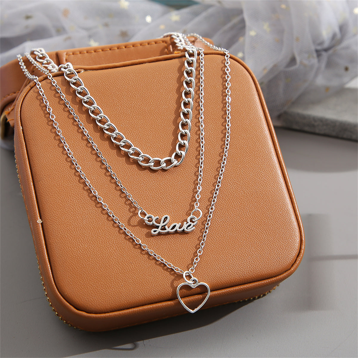 Silver-Plated 'Love' Heart Pendant Layered Pendant Necklace, silver pendant necklace for women, front view
