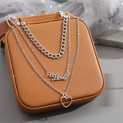 Silver-Plated 'Love' Heart Pendant Layered Pendant Necklace, silver pendant necklace for women, front view
