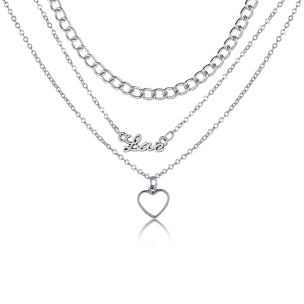 Silver-Plated 'Love' Heart Pendant Layered Pendant Necklace