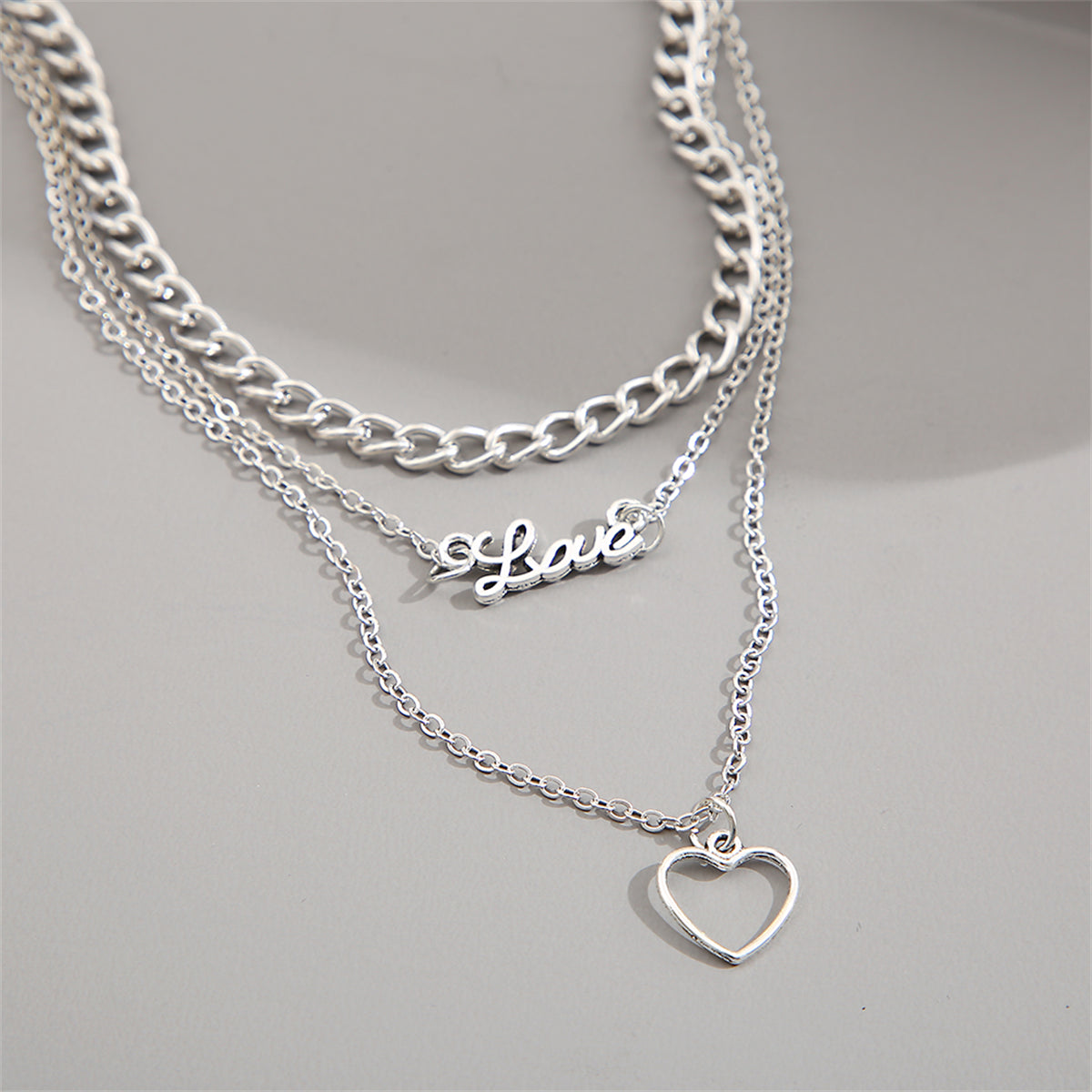 Silver-Plated 'Love' Heart Pendant Layered Pendant Necklace, silver pendant necklace for women, detail close-up