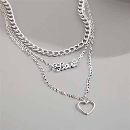 Silver-Plated 'Love' Heart Pendant Layered Pendant Necklace, silver pendant necklace for women, detail close-up