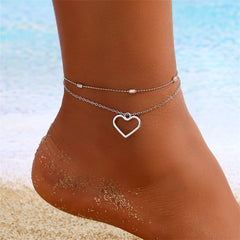 Silver-Plated Station Anklet & Open Heart Charm Anklet