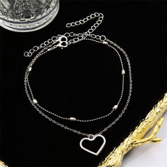 Silver-Plated Station Anklet & Open Heart Charm Anklet