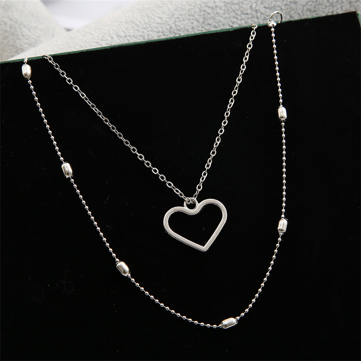 Silver-Plated Station Anklet & Open Heart Charm Anklet