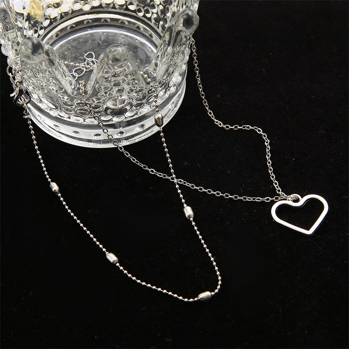 Silver-Plated Station Anklet & Open Heart Charm Anklet