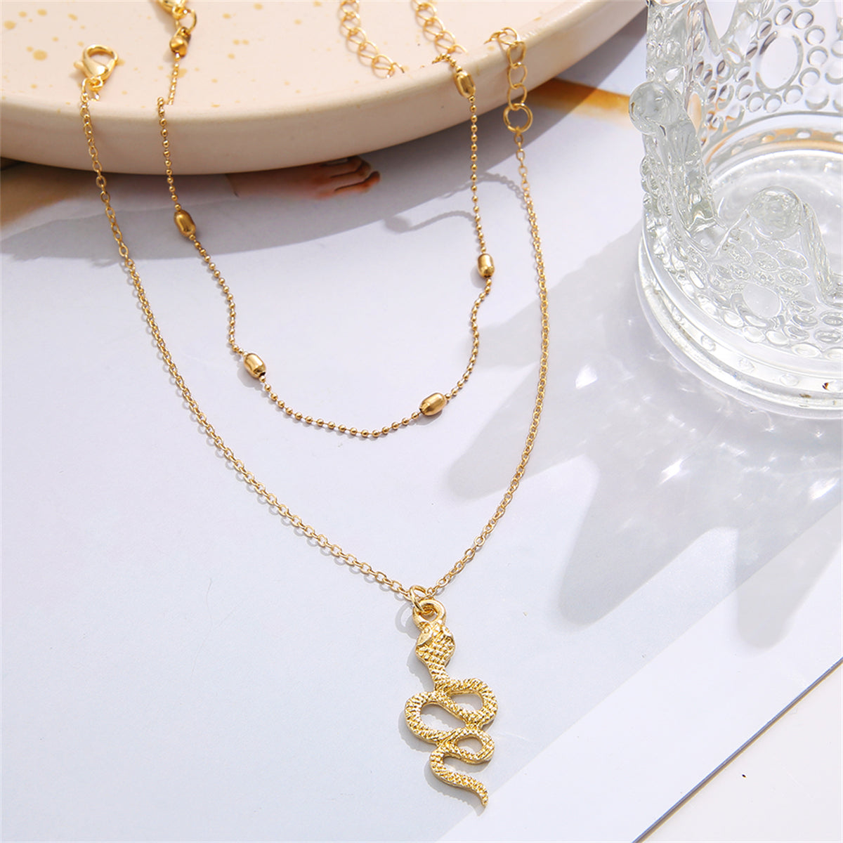 18K Gold-Plated Station Anklet and Snake Charm Anklet, jewelry gift sets for women, botanical inspired, detail close-up