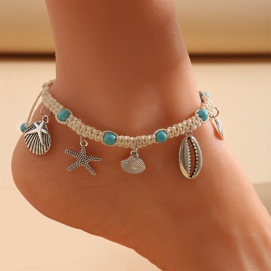 Turquoise and Silver-Plated Sea Charm Anklet, silver anklet bracelet, botanical inspired, front view