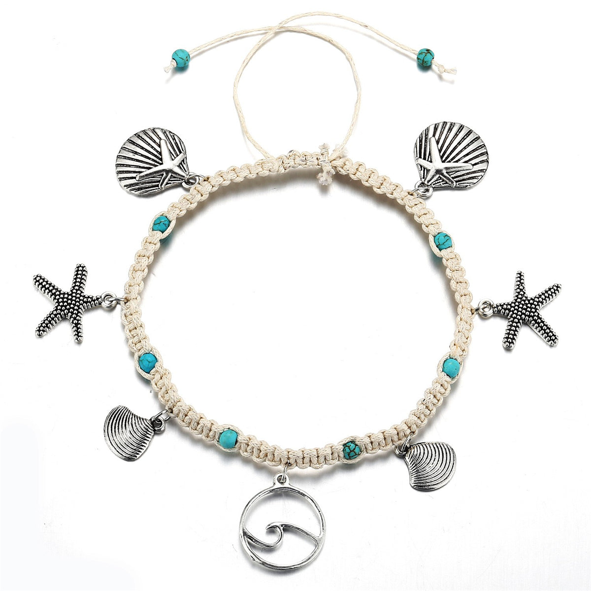 Turquoise & Silver-Plated Sea Charm Anklet