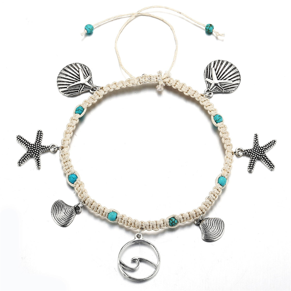 Turquoise and Silver-Plated Sea Charm Anklet, silver anklet bracelet, botanical inspired, styled look