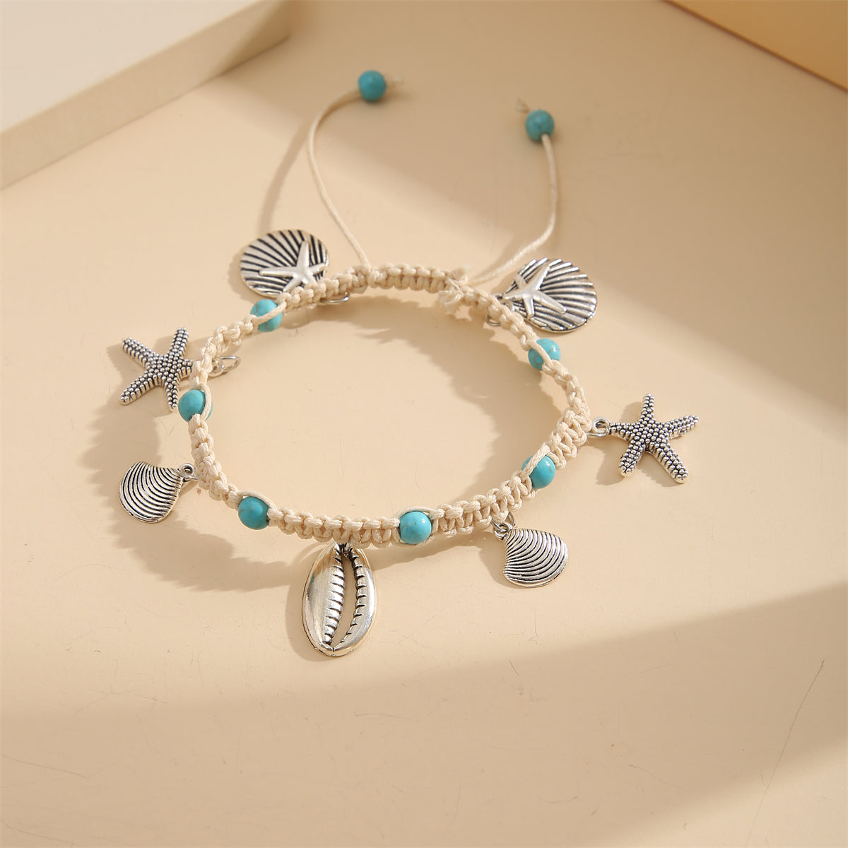 Turquoise and Silver-Plated Sea Charm Anklet, silver anklet bracelet, botanical inspired, detail close-up