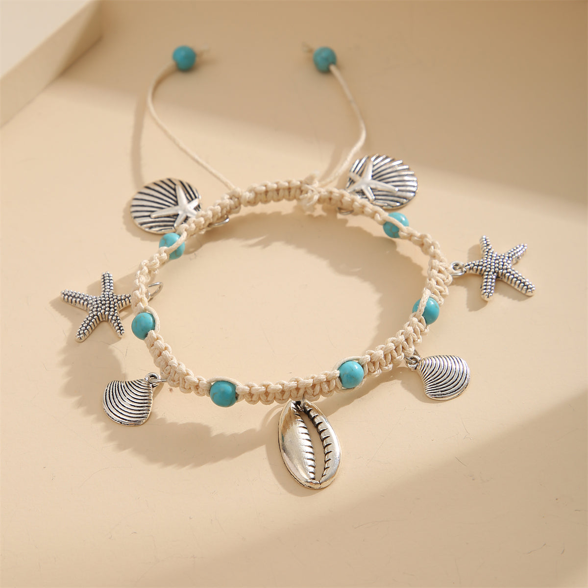 Turquoise and Silver-Plated Sea Charm Anklet, silver anklet bracelet, botanical inspired, lifestyle look