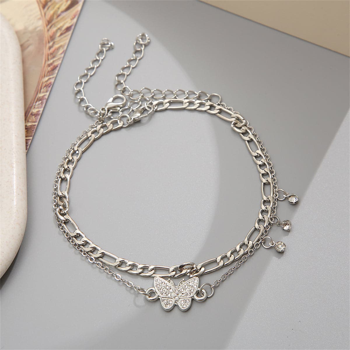 Cubic Zirconia & Silver-Plated Butterfly Anklet Set