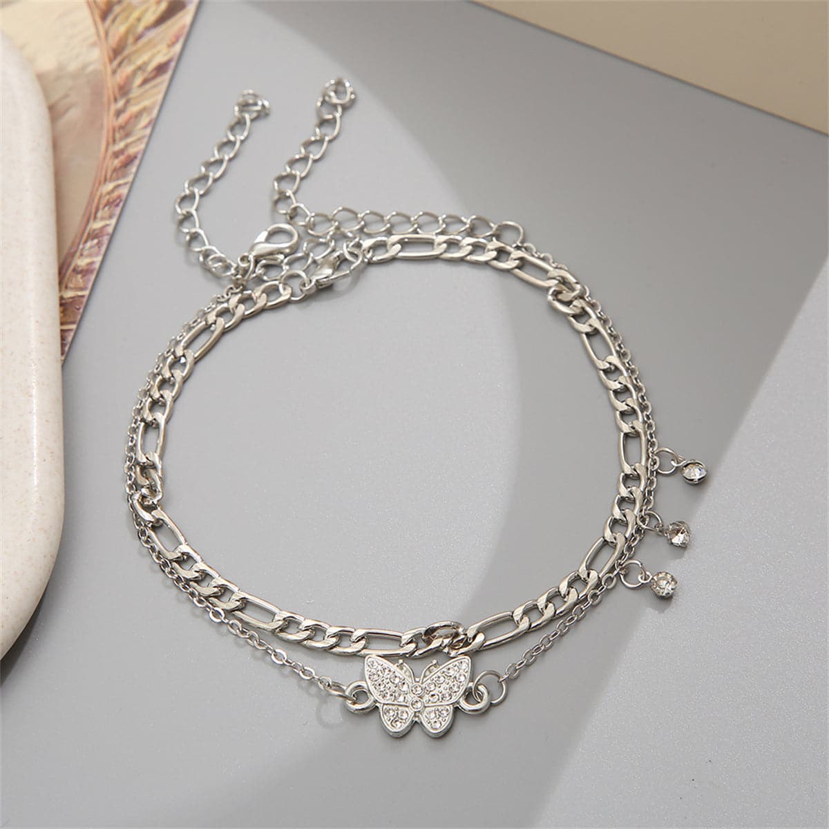 Cubic Zirconia and Silver-Plated Butterfly Anklet Set, jewelry gift sets for women, botanical inspired, detail close-up
