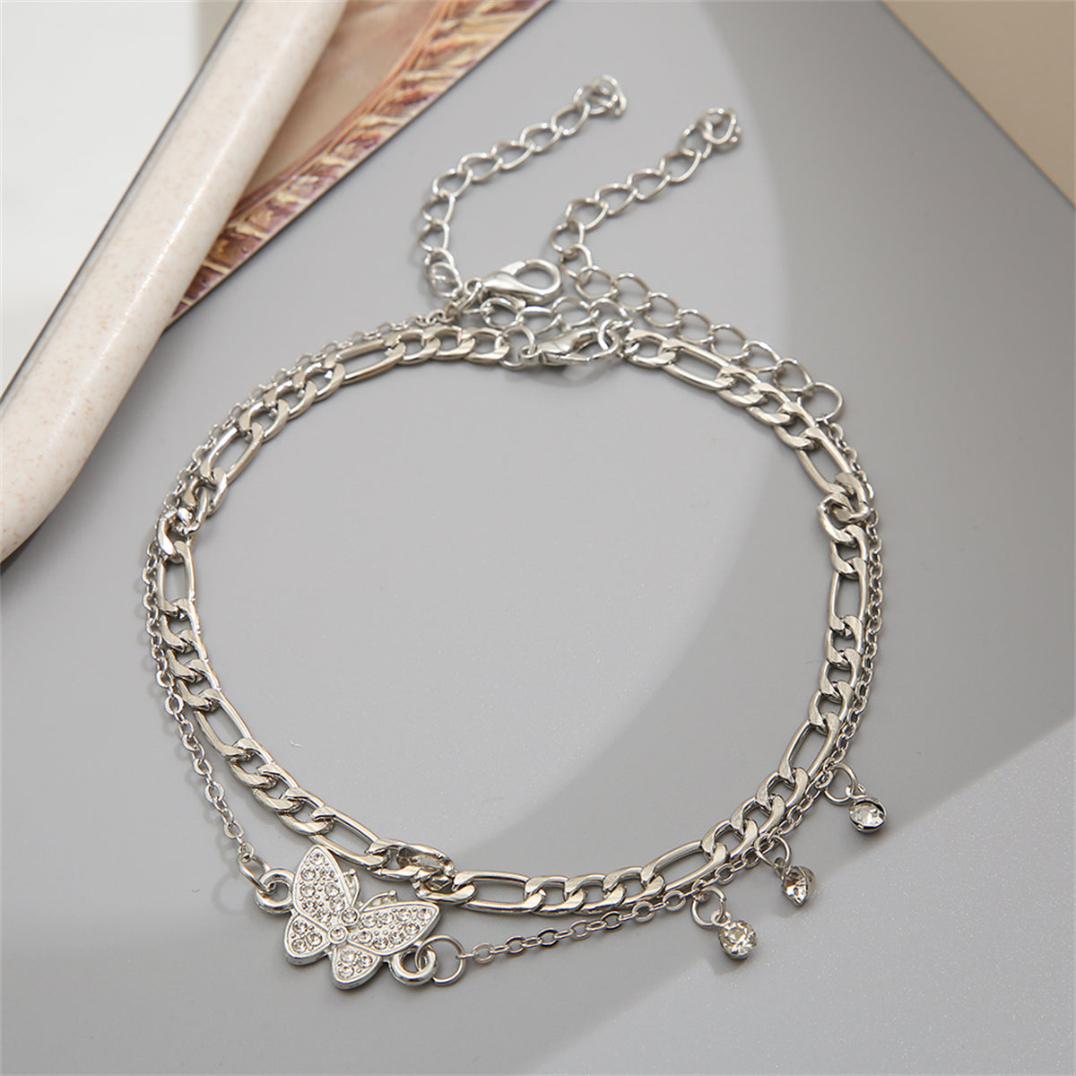 Cubic Zirconia & Silver-Plated Butterfly Anklet Set