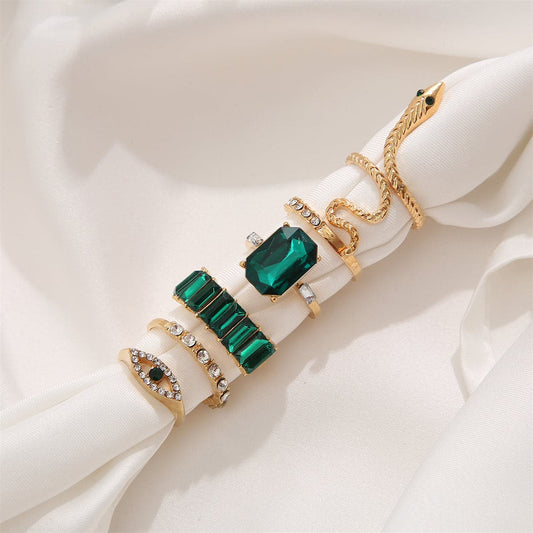 Green Crystal and Cubic Zirconia Snake Eye Ring - Set Of Six, jewelry gift sets for women, elegant gift for her, front view