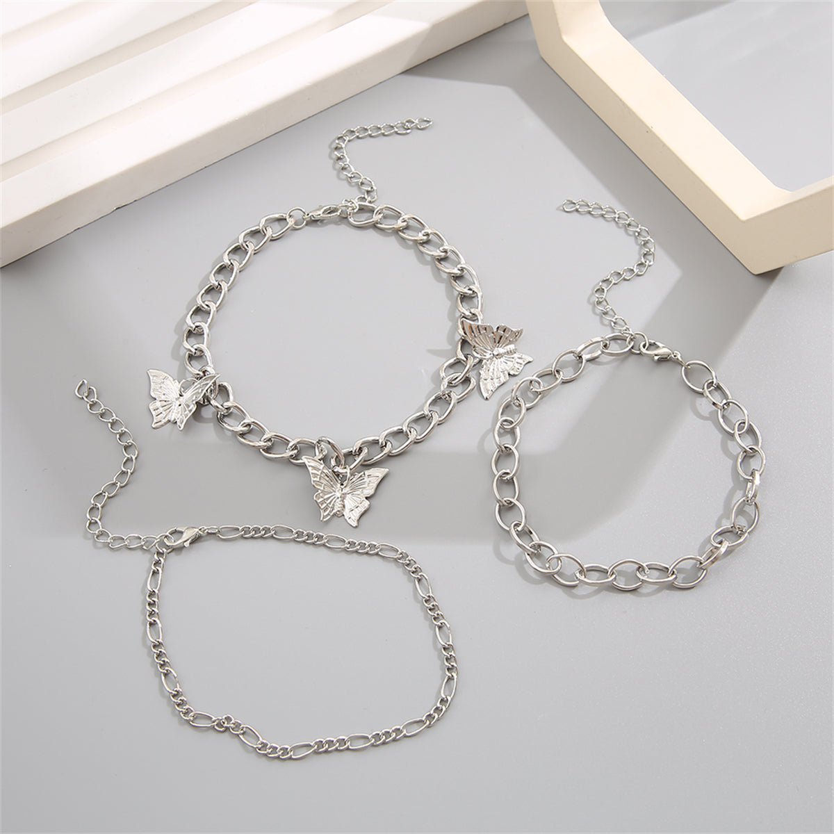 Silver-Plated Butterfly Station Anklet Set