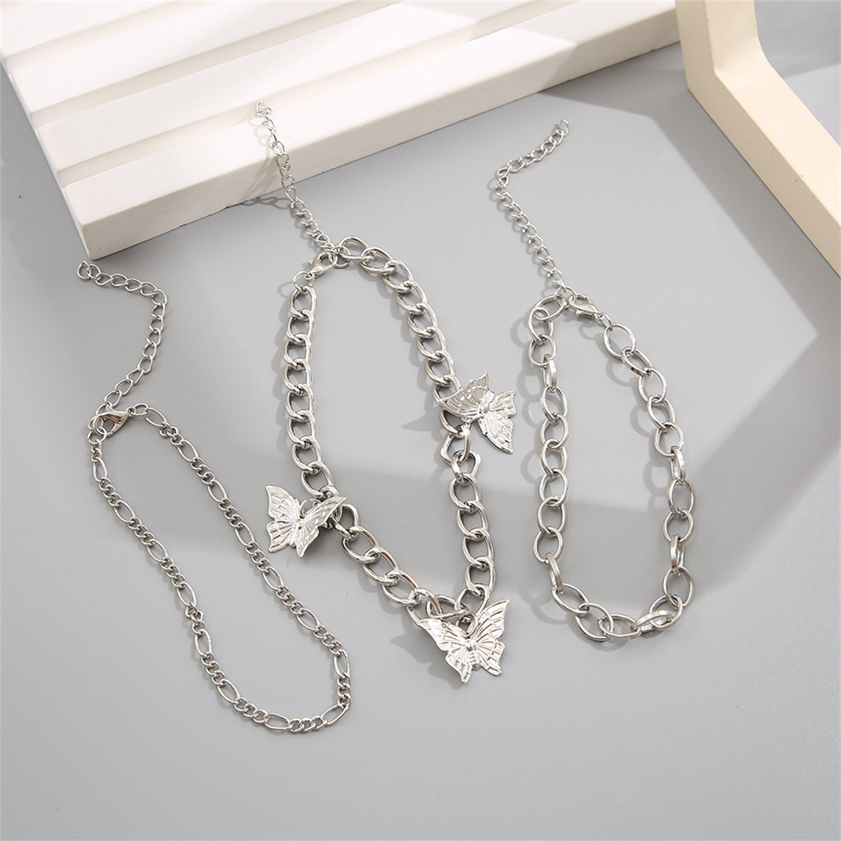 Silver-Plated Butterfly Station Anklet Set, jewelry gift sets for women, botanical inspired, styled look