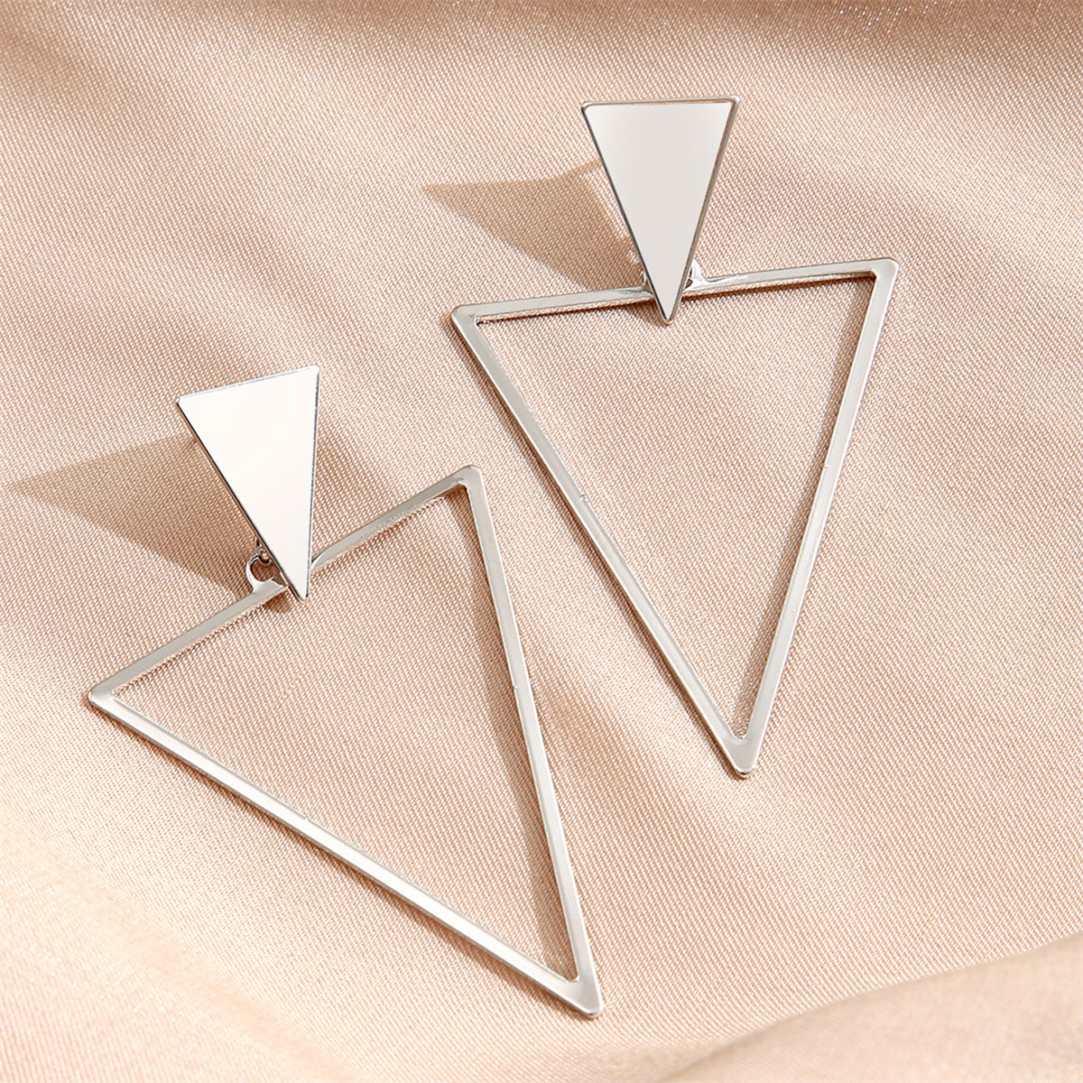 Silver-Plated Open Triangle Drop Earrings, silver drop earrings for women, vintage-inspired design, side view