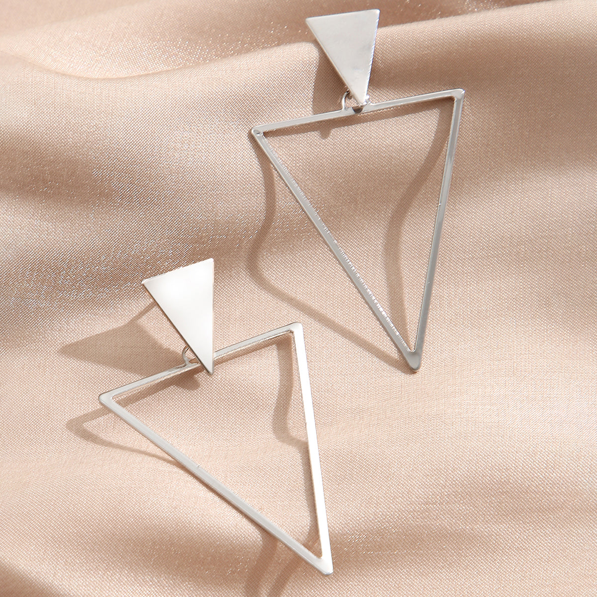 Silver-Plated Open Triangle Drop Earrings, silver drop earrings for women, vintage-inspired design, detail close-up