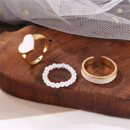 Pearl and Enamel 18K Gold-Plated Stretch Ring Set, jewelry gift sets for women, botanical inspired, detail close-up