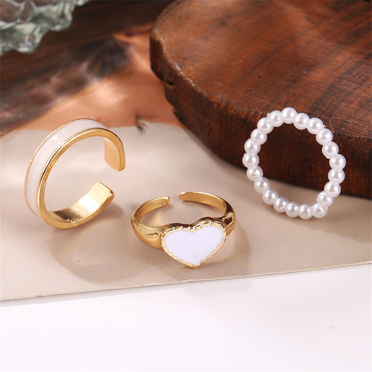 Pearl & Enamel 18K Gold-Plated Stretch Ring Set