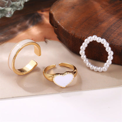 Pearl and Enamel 18K Gold-Plated Stretch Ring Set, jewelry gift sets for women, botanical inspired, styled look