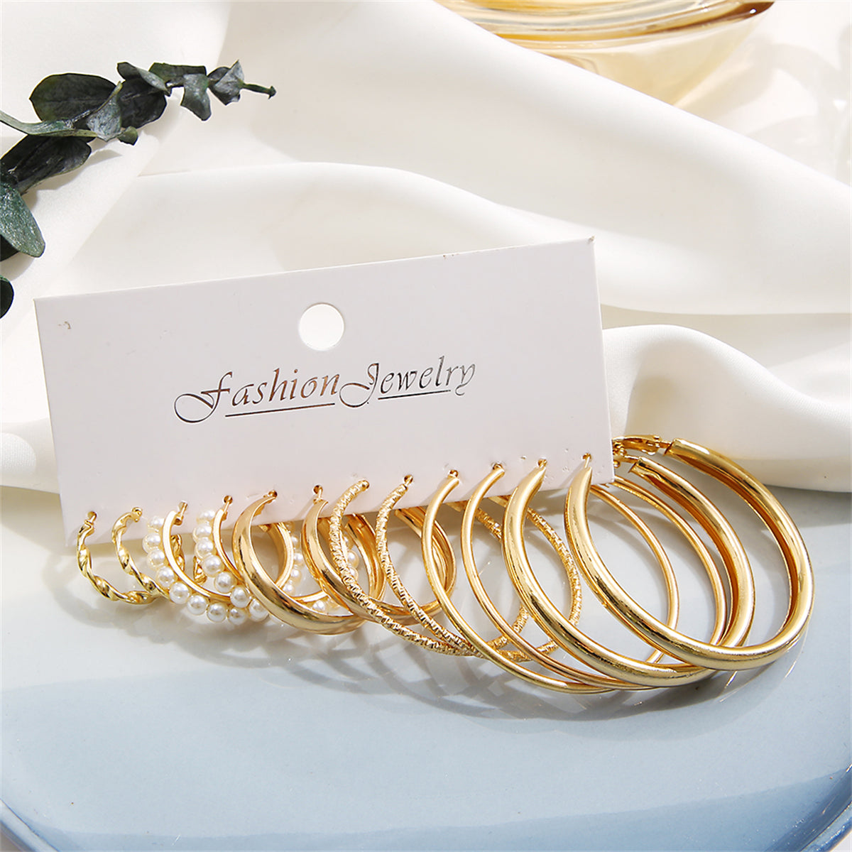 Pearl and 18K Gold-Plated Twisted Hoop Earrings Set, dainty minimalist design, side view
