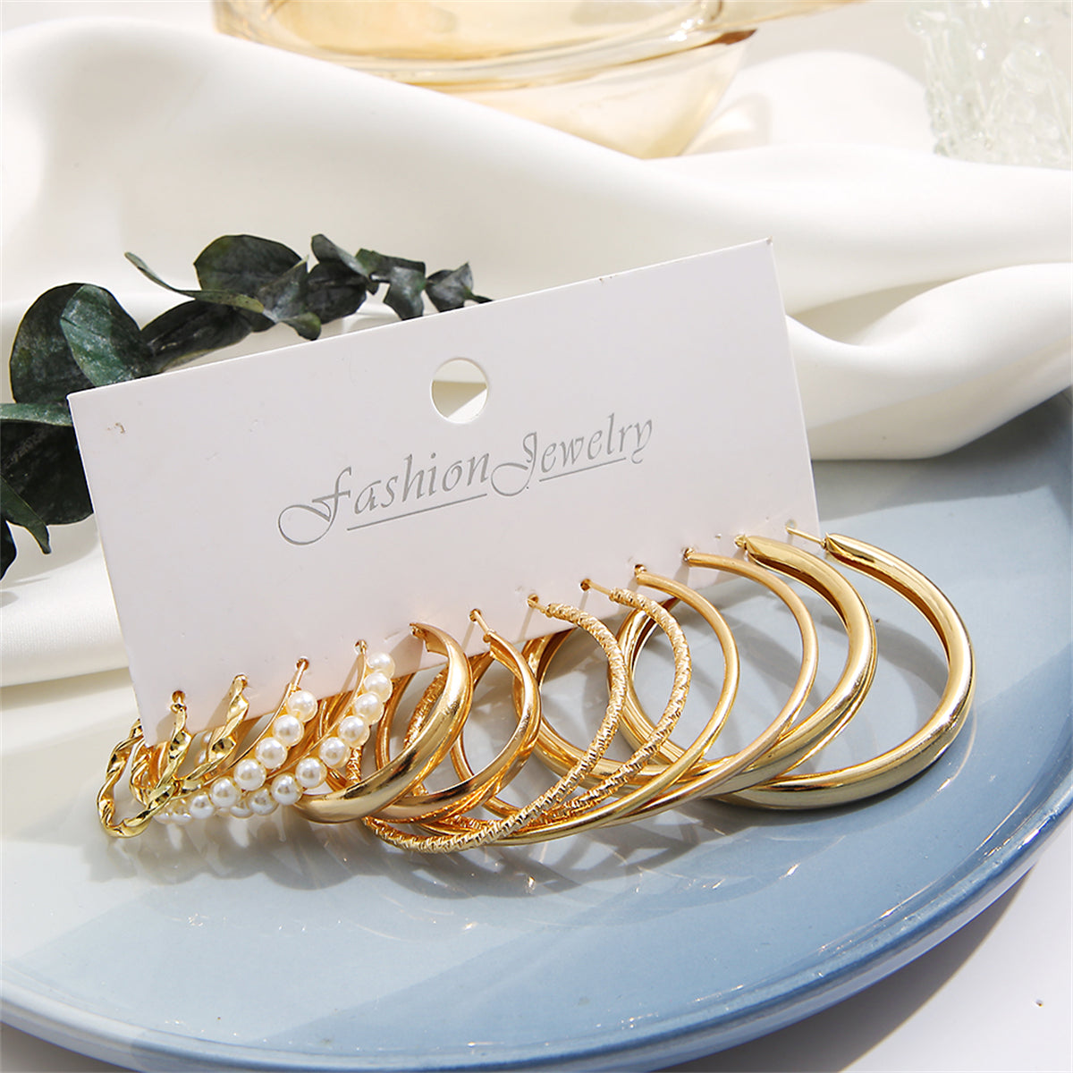 Pearl and 18K Gold-Plated Twisted Hoop Earrings Set, dainty minimalist design, lifestyle look