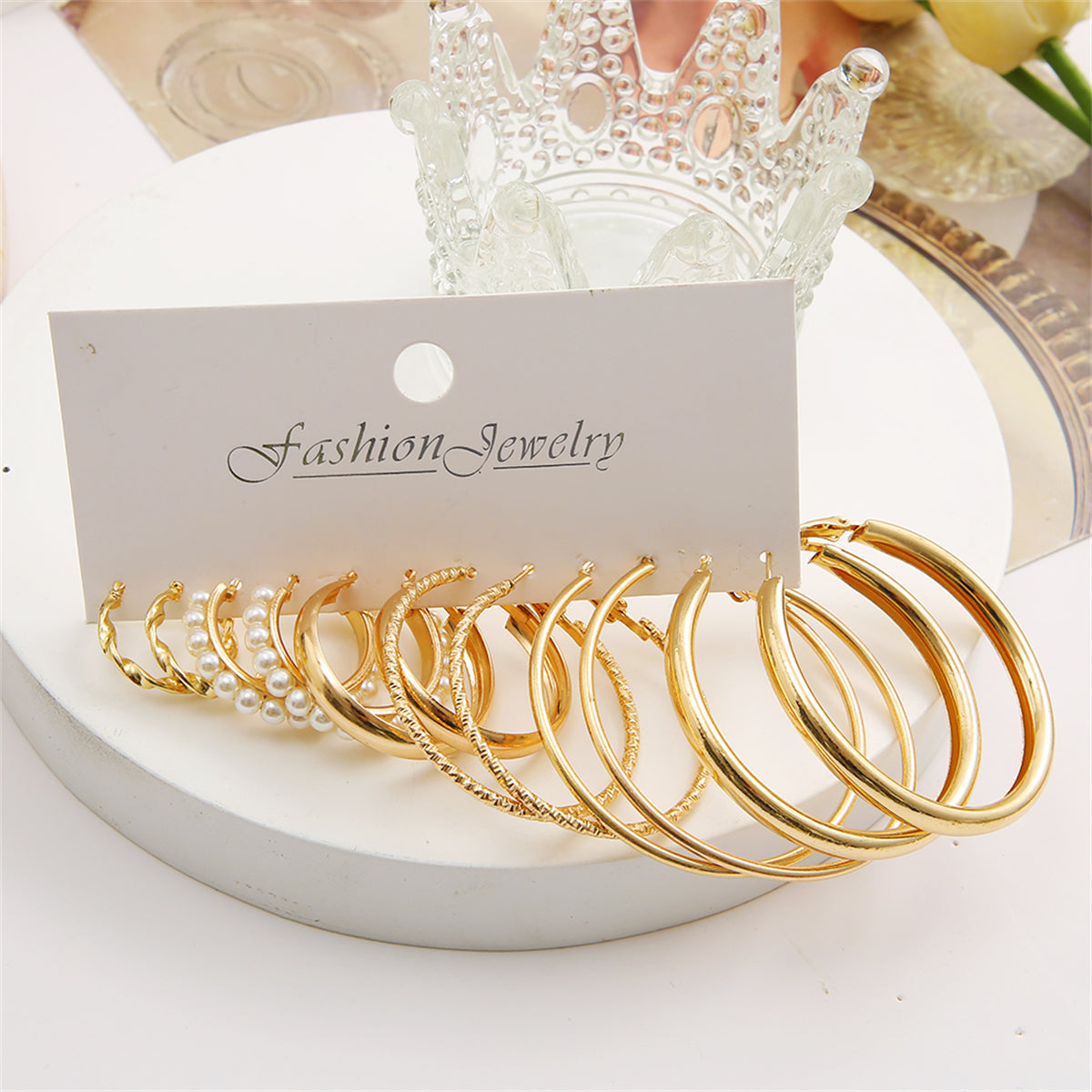 Pearl and 18K Gold-Plated Twisted Hoop Earrings Set, dainty minimalist design, front view