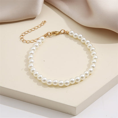Pearl and 18K Gold-Plated Beaded Anklet, gold anklet bracelet, botanical inspired, front view