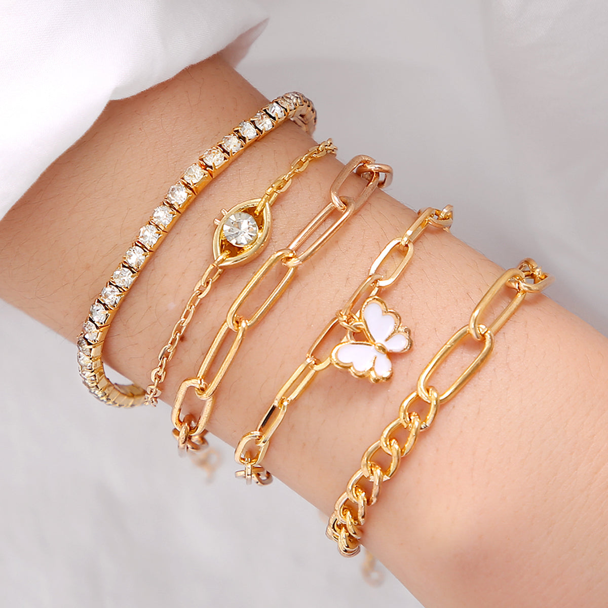 Cubic Zirconia and Enamel 18K Gold-Plated Butterfly Charm Bracelet Set, jewelry gift sets for women, front view