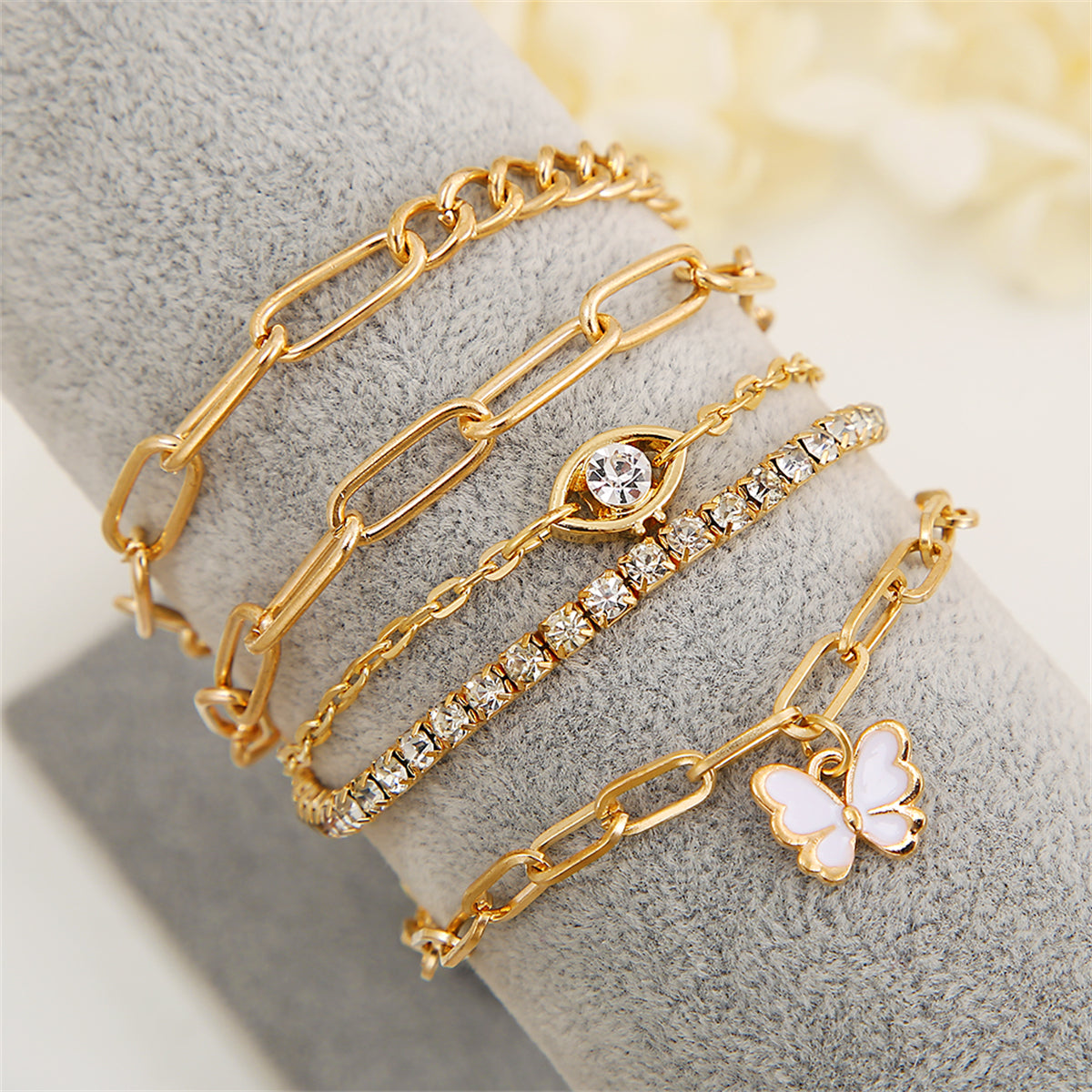 Cubic Zirconia and Enamel 18K Gold-Plated Butterfly Charm Bracelet Set, jewelry gift sets for women, side view