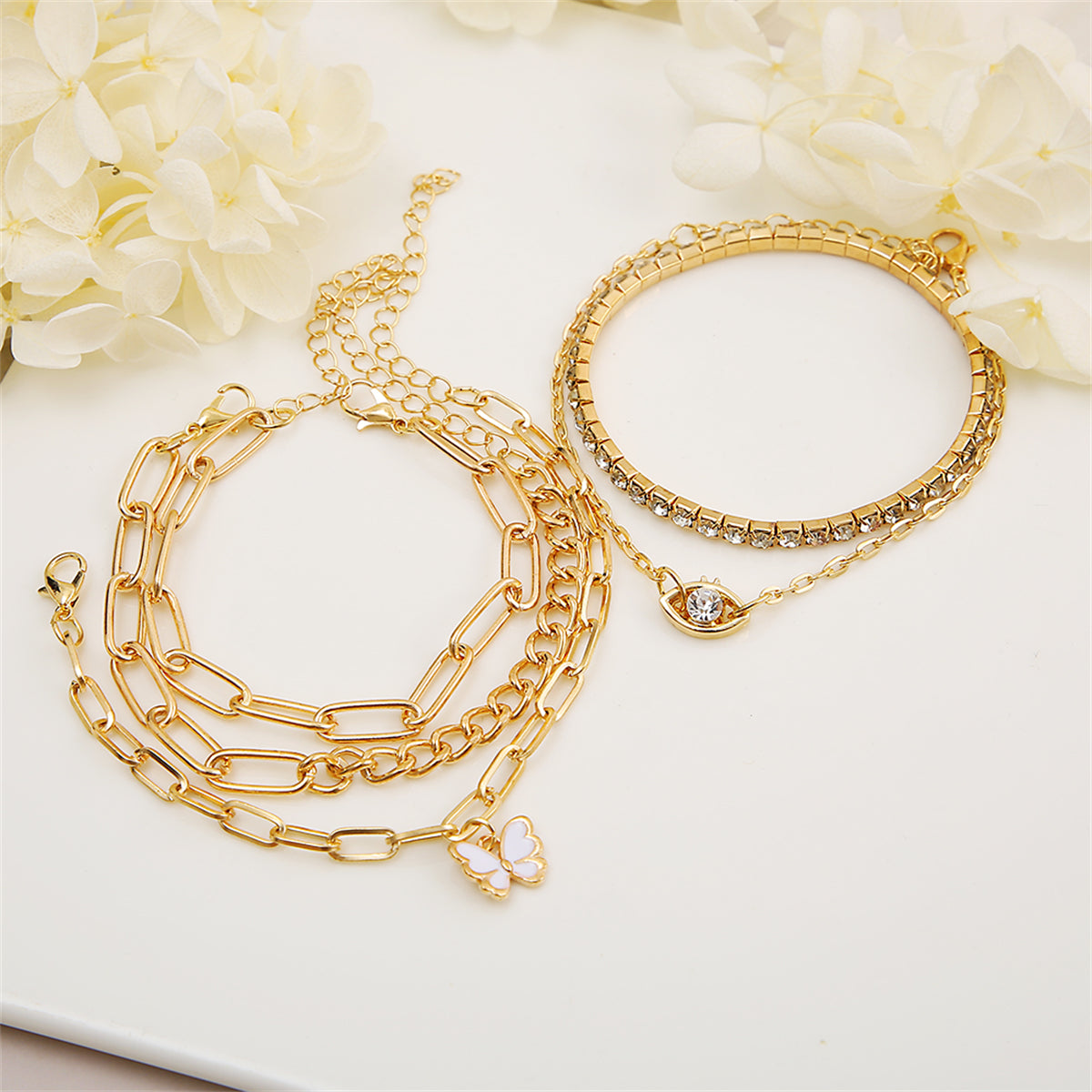 Cubic Zirconia and Enamel 18K Gold-Plated Butterfly Charm Bracelet Set, jewelry gift sets for women, detail close-up