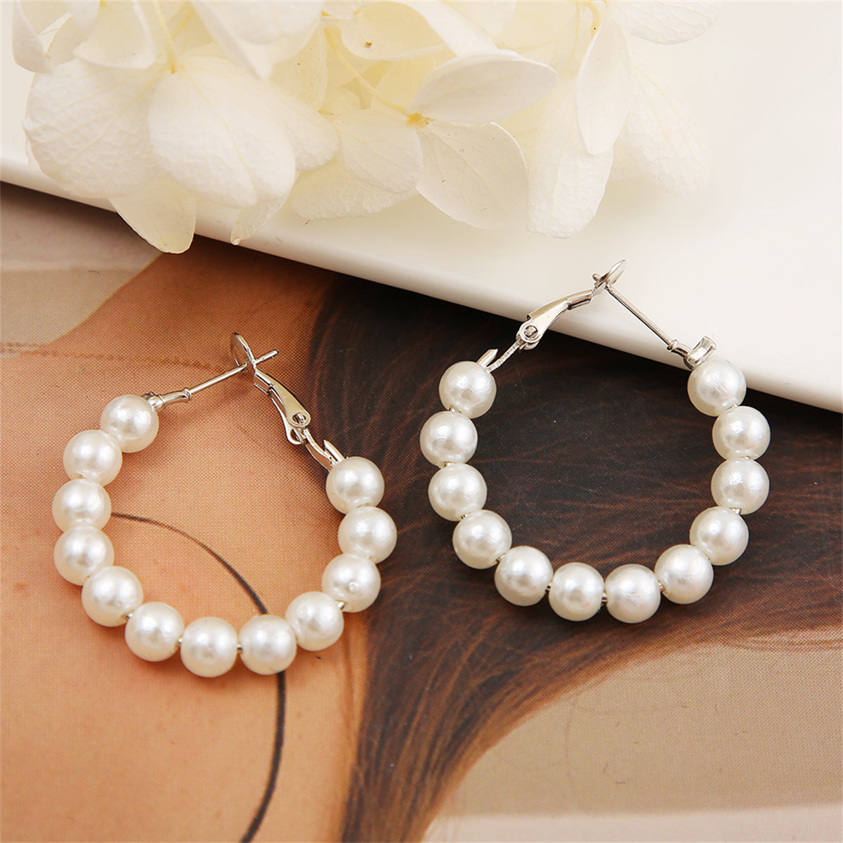 Pearl and Silver-Plated Beaded Hoop Earrings, everyday style, front view