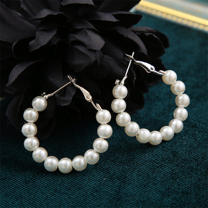 Pearl and Silver-Plated Beaded Hoop Earrings, everyday style, detail close-up
