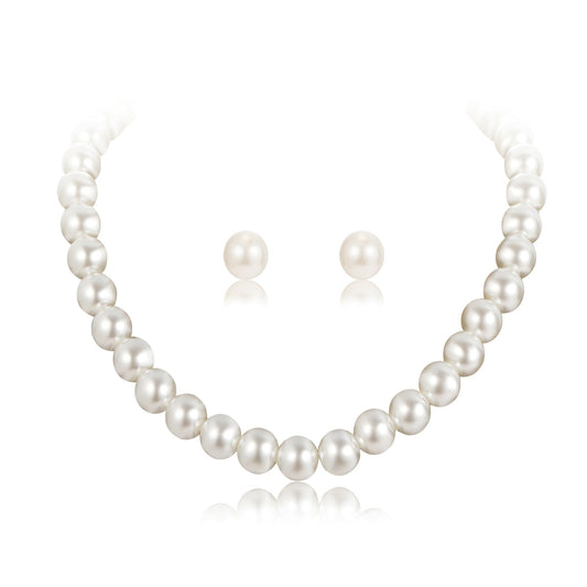 Pearl and 18K Gold-Plated Necklace and Stud Earrings, gold stud earrings for women, elegant gift for her, front view