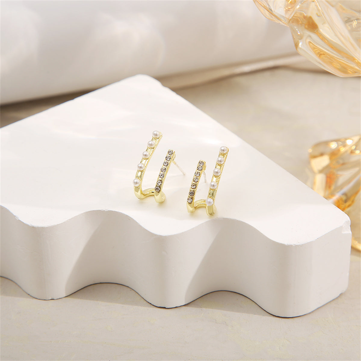 Cubic Zirconia and Pearl 18K Gold-Plated Geometric Stud Earrings, gold stud earrings for women, everyday style, front view