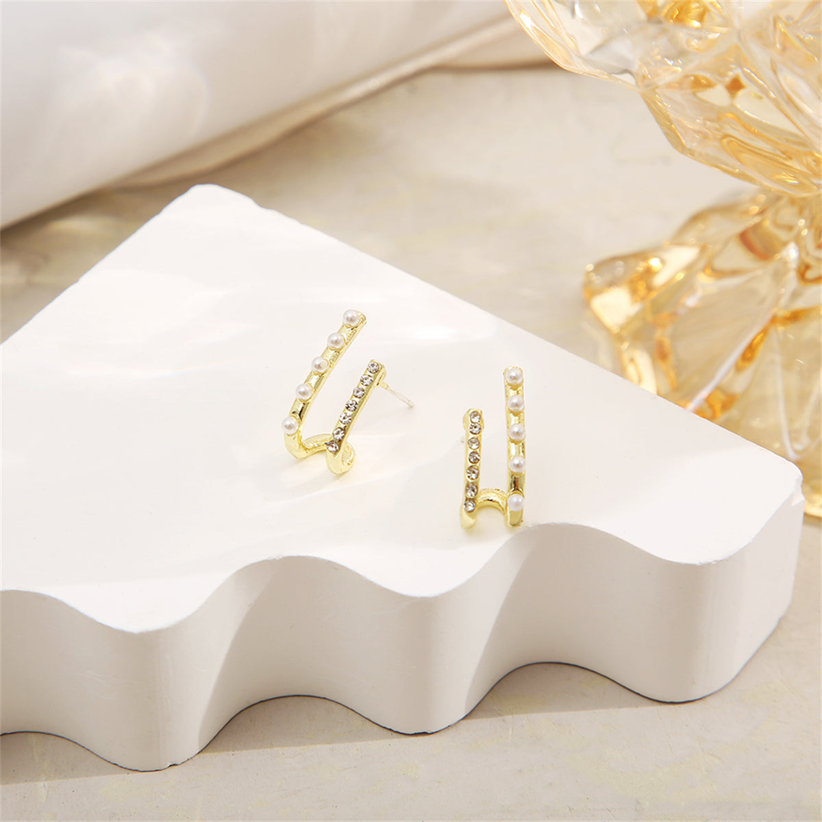 Cubic Zirconia and Pearl 18K Gold-Plated Geometric Stud Earrings, gold stud earrings for women, detail close-up