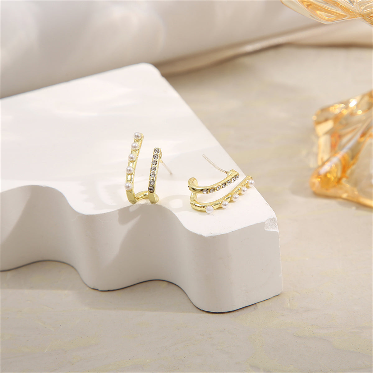 Cubic Zirconia and Pearl 18K Gold-Plated Geometric Stud Earrings, gold stud earrings for women, lifestyle look
