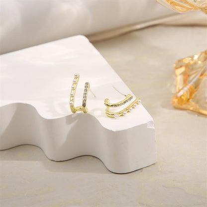 Cubic Zirconia and Pearl 18K Gold-Plated Geometric Stud Earrings, gold stud earrings for women, lifestyle look