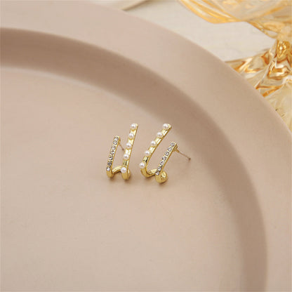 Cubic Zirconia and Pearl 18K Gold-Plated Geometric Stud Earrings, gold stud earrings for women, everyday style, styled look